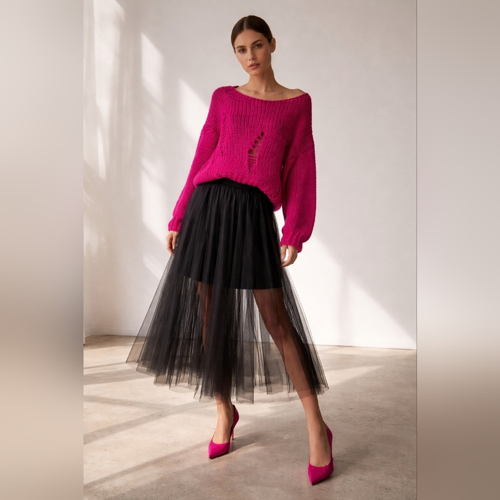 Fuchsia Pink Distressed Knit Sweater M - Picture 3 of 9